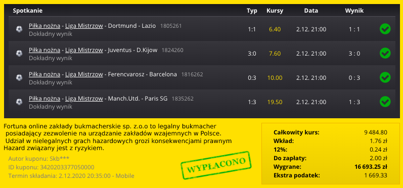 bukmacher fortuna wygrany kupon